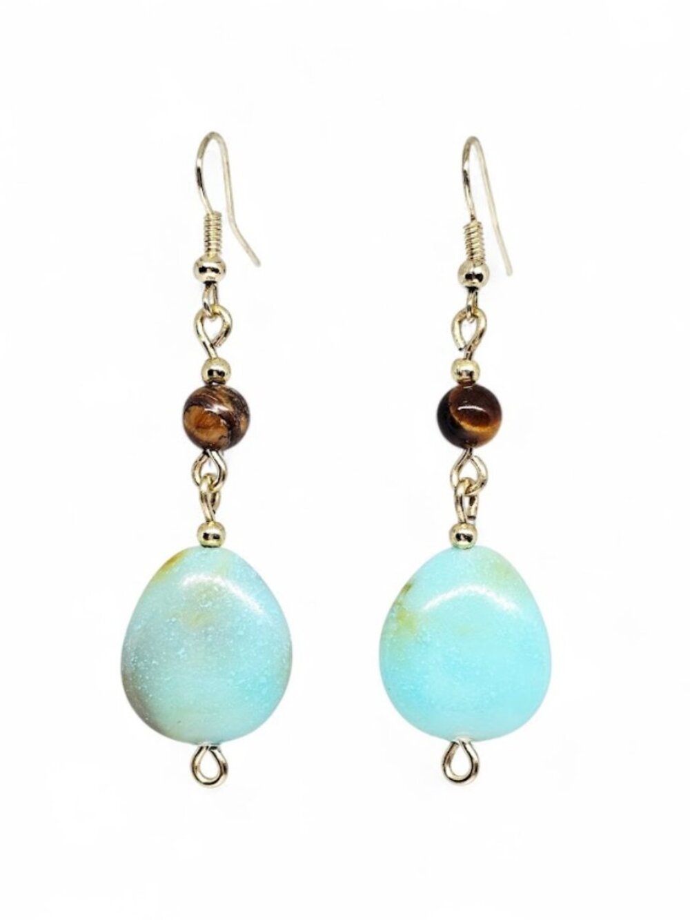 Tiger's Eye Gemstone Acrylic Turquoise Teardrop Gold Tone Dangle Boho Earrings